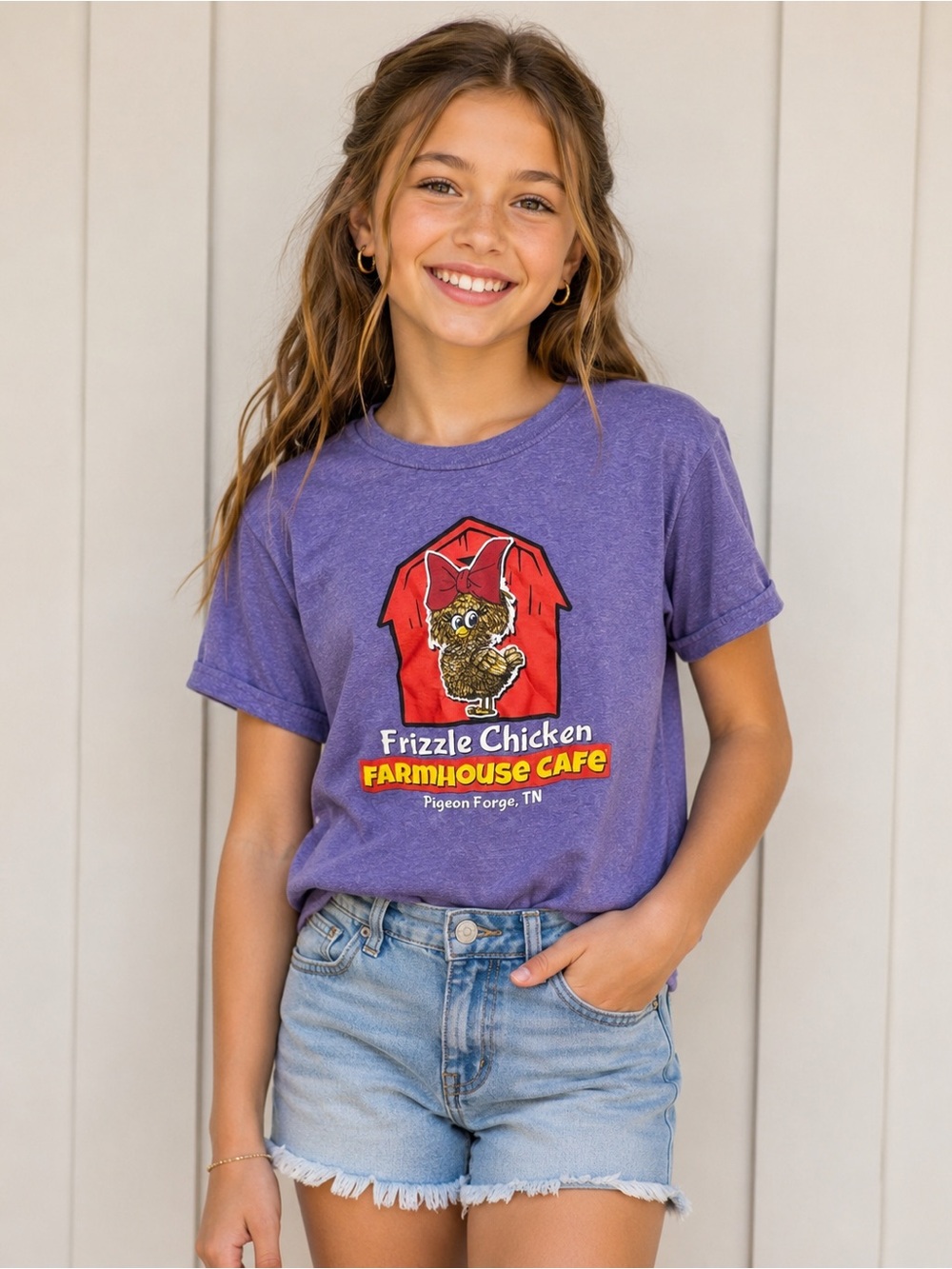 Frizzle Chicken Farmhouse Cafe Kids Purple T-Shirt
